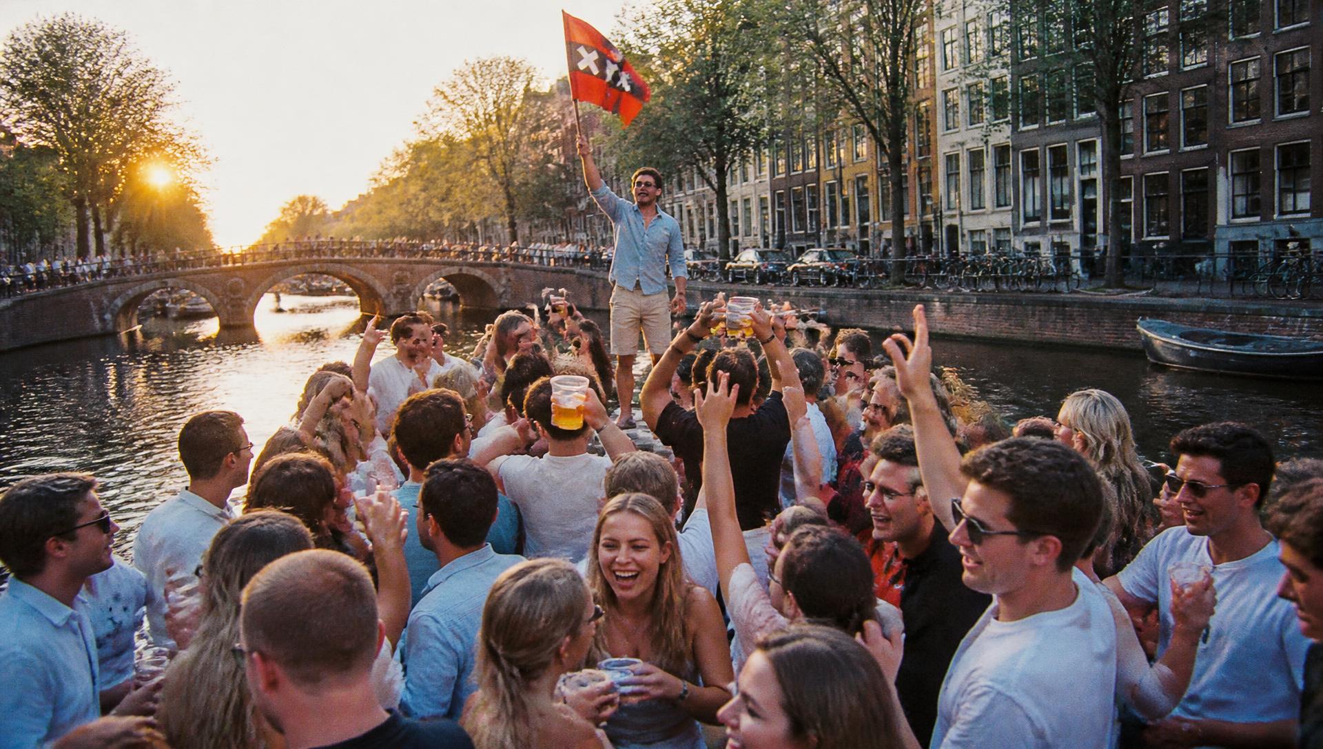 Studenten proosten op een salonboot in de gracht bij zonsondergang